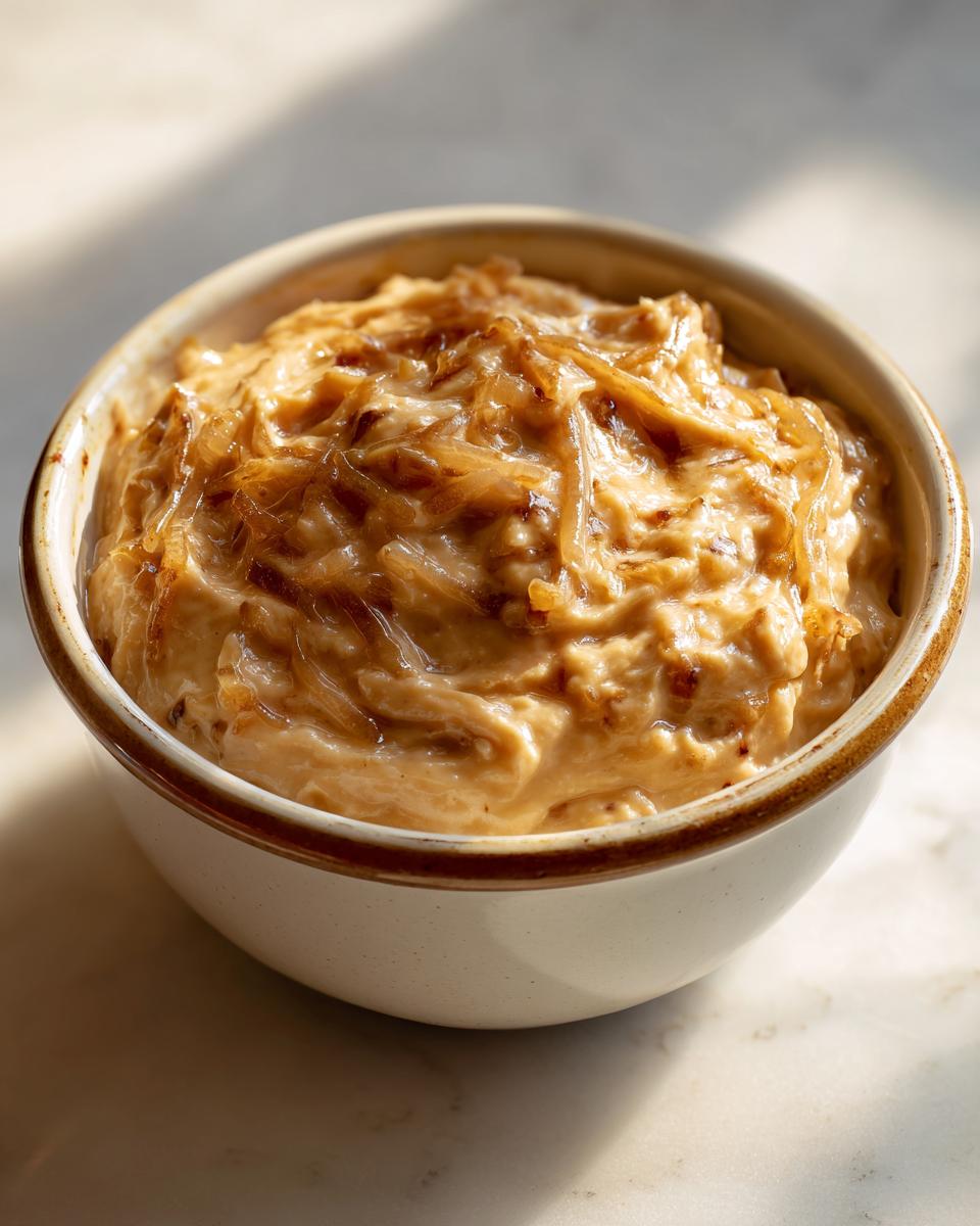Close-up of a creamy bowl of homemade French Onion Dip topped generously with caramelized onions.