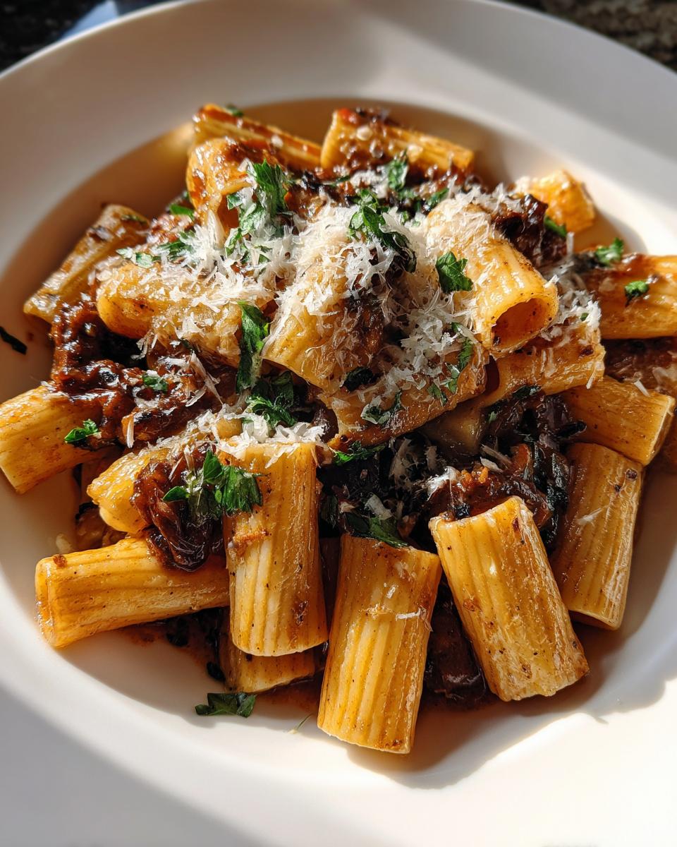 Close-up of a bowl of French Onion Soup Rigatoni pasta topped with grated cheese and fresh parsley.