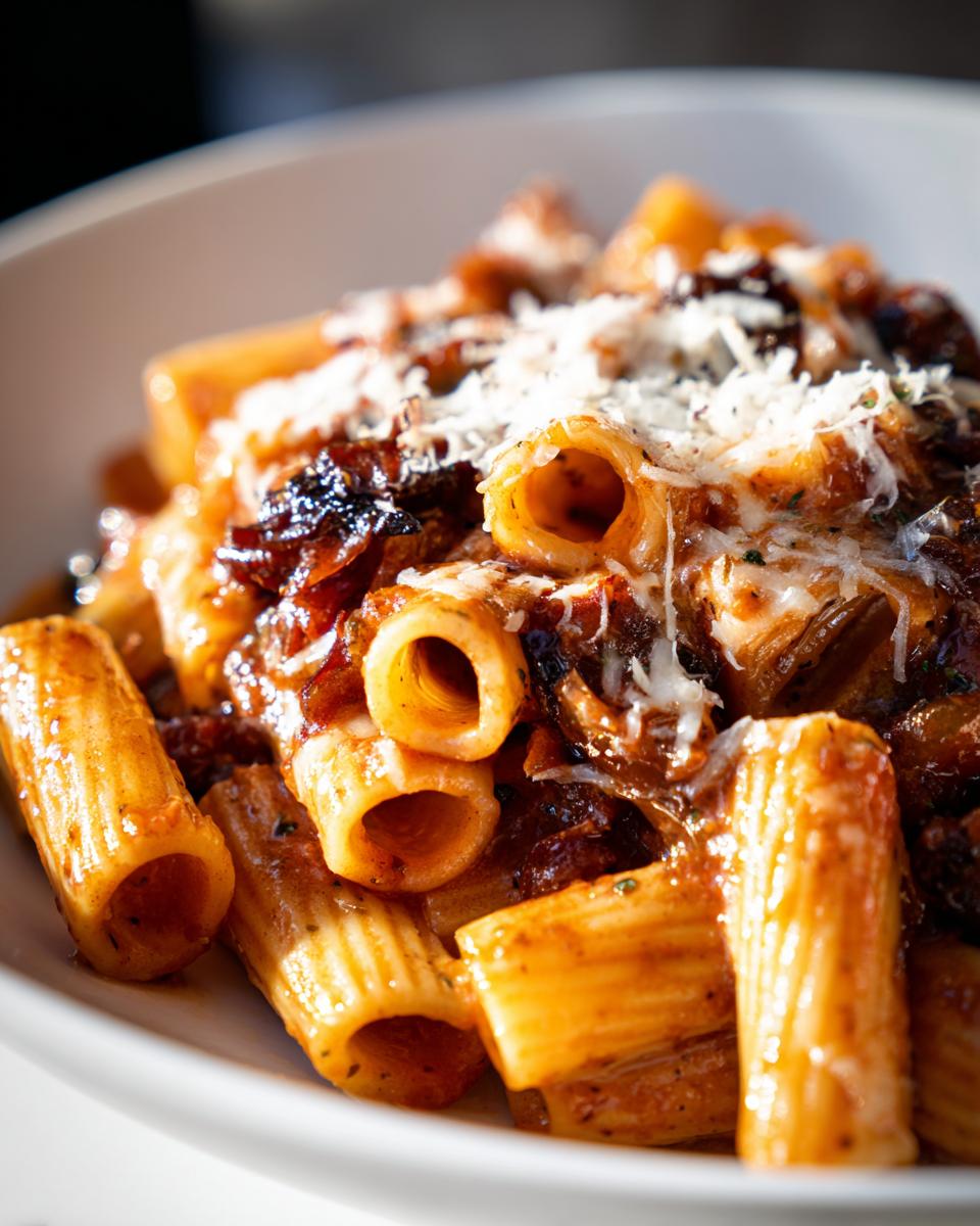 Close-up of rigatoni pasta coated in a rich sauce with caramelized onions and topped with grated cheese, representing French Onion Soup Rigatoni.