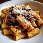 A close-up of rich French Onion Soup Rigatoni pasta tossed in a dark sauce and topped with grated Parmesan cheese.