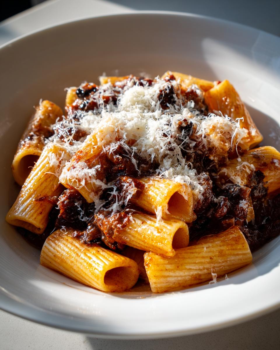 Close-up of French Onion Soup Rigatoni pasta tossed in a rich sauce and topped with grated Parmesan cheese.