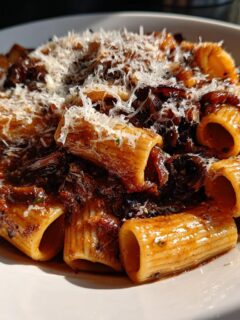 Close-up of a bowl of French Onion Soup Rigatoni coated in a dark, rich sauce and topped with grated Parmesan cheese.