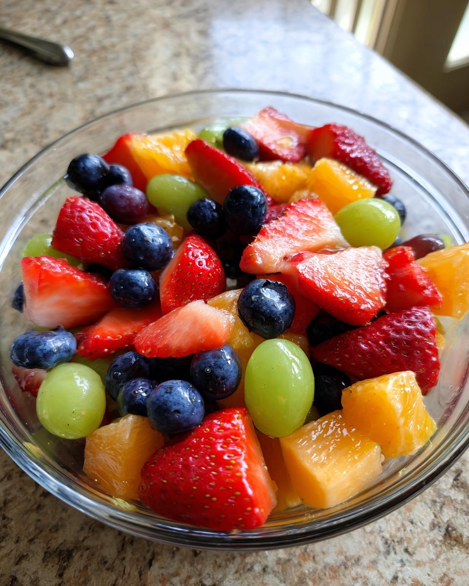 Close-up of a glass bowl filled with Fresh Breakfast Fruit Salad featuring strawberries, blueberries, grapes, and orange segments.
