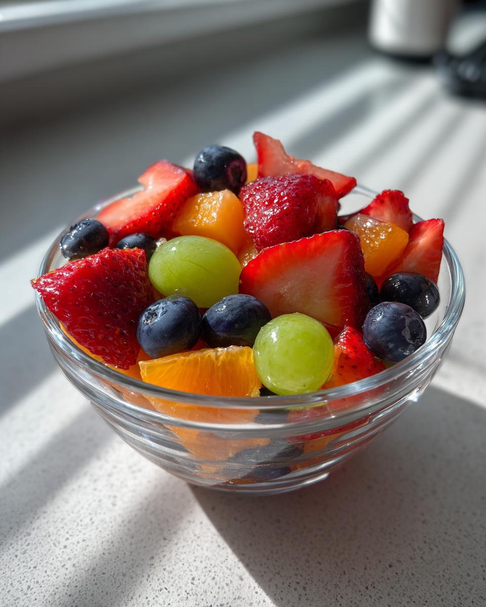 A small glass bowl filled with a vibrant Fresh Breakfast Fruit Salad including strawberries, blueberries, grapes, and orange segments.