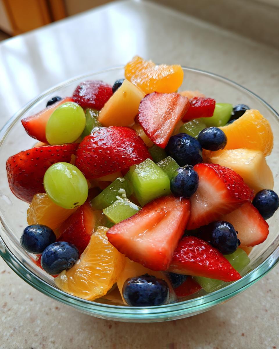 Close-up of a vibrant Fresh Breakfast Fruit Salad featuring strawberries, blueberries, grapes, and oranges in a clear bowl.