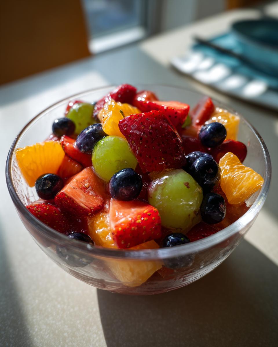 A glass bowl filled with a vibrant Fresh Breakfast Fruit Salad featuring strawberries, blueberries, grapes, and orange segments.
