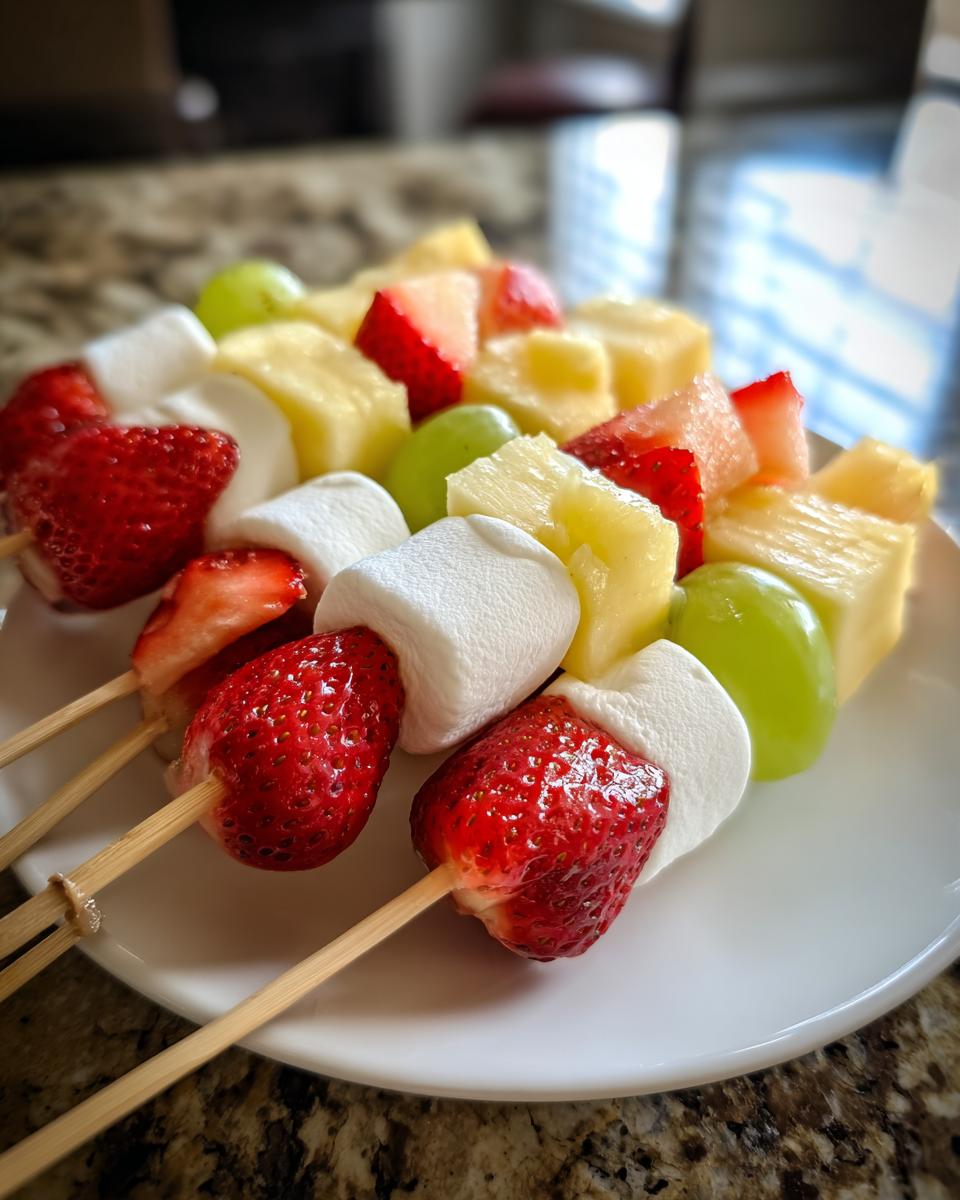 Close-up of fresh fruit and marshmallow Dessert Kabobs featuring strawberries, pineapple, and grapes on wooden skewers.