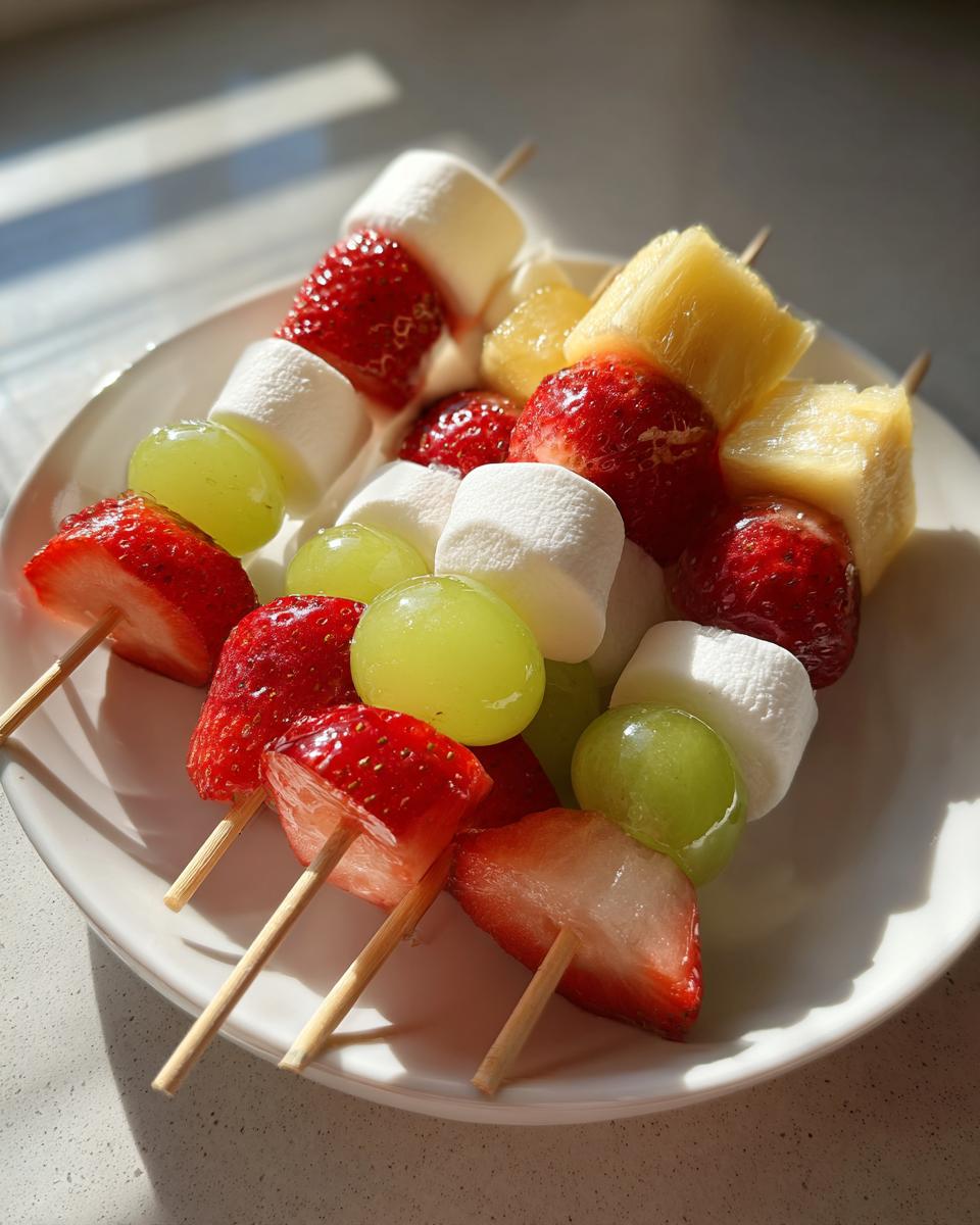 Close-up of fresh fruit and marshmallow Dessert Kabobs featuring strawberries, green grapes, pineapple, and marshmallows.