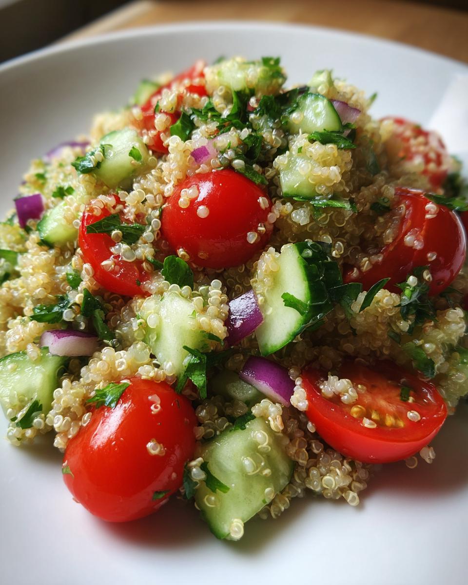 A close-up of a vibrant Fresh Quinoa Lunch Salad featuring cherry tomatoes, cucumbers, and red onion.