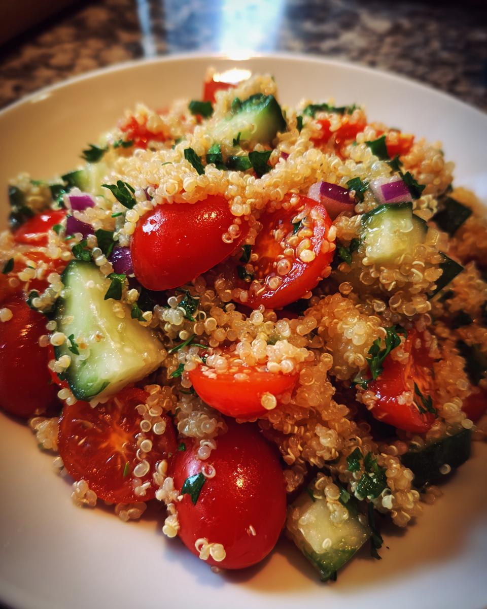 A close-up of a vibrant Fresh Quinoa Lunch Salad featuring cooked quinoa mixed with halved cherry tomatoes, cucumber chunks, and red onion.