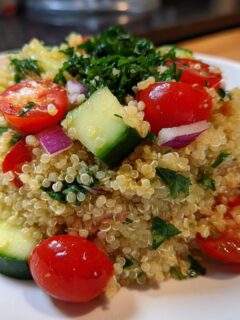 A close-up of a mound of Fresh Quinoa Lunch Salad featuring cherry tomatoes, cucumber, and red onion on a white plate.