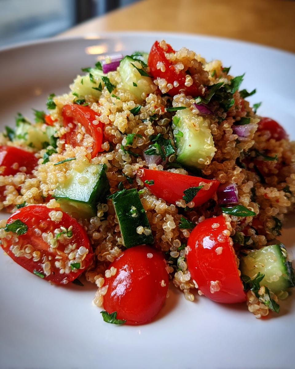 A close-up of a vibrant Fresh Quinoa Lunch Salad featuring cherry tomatoes, cucumber chunks, and red onion.