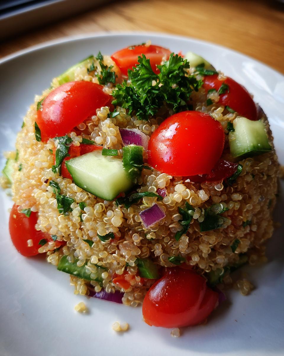 A perfectly molded serving of Fresh Quinoa Lunch Salad topped with bright red cherry tomatoes, cucumber, and parsley.