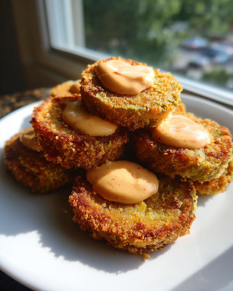 A stack of crispy, golden Fried Green Tomatoes With Comeback Sauce served on a white plate.