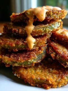 A stack of golden brown Fried Green Tomatoes With Comeback Sauce drizzled over the top.