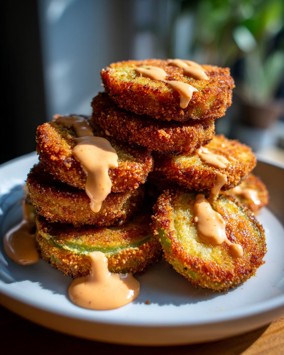A tall stack of golden-brown Fried Green Tomatoes With Comeback Sauce drizzled over the top.