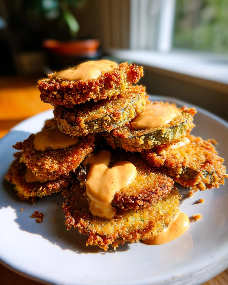A stack of golden brown Fried Green Tomatoes With Comeback Sauce drizzled on top, served on a light plate.