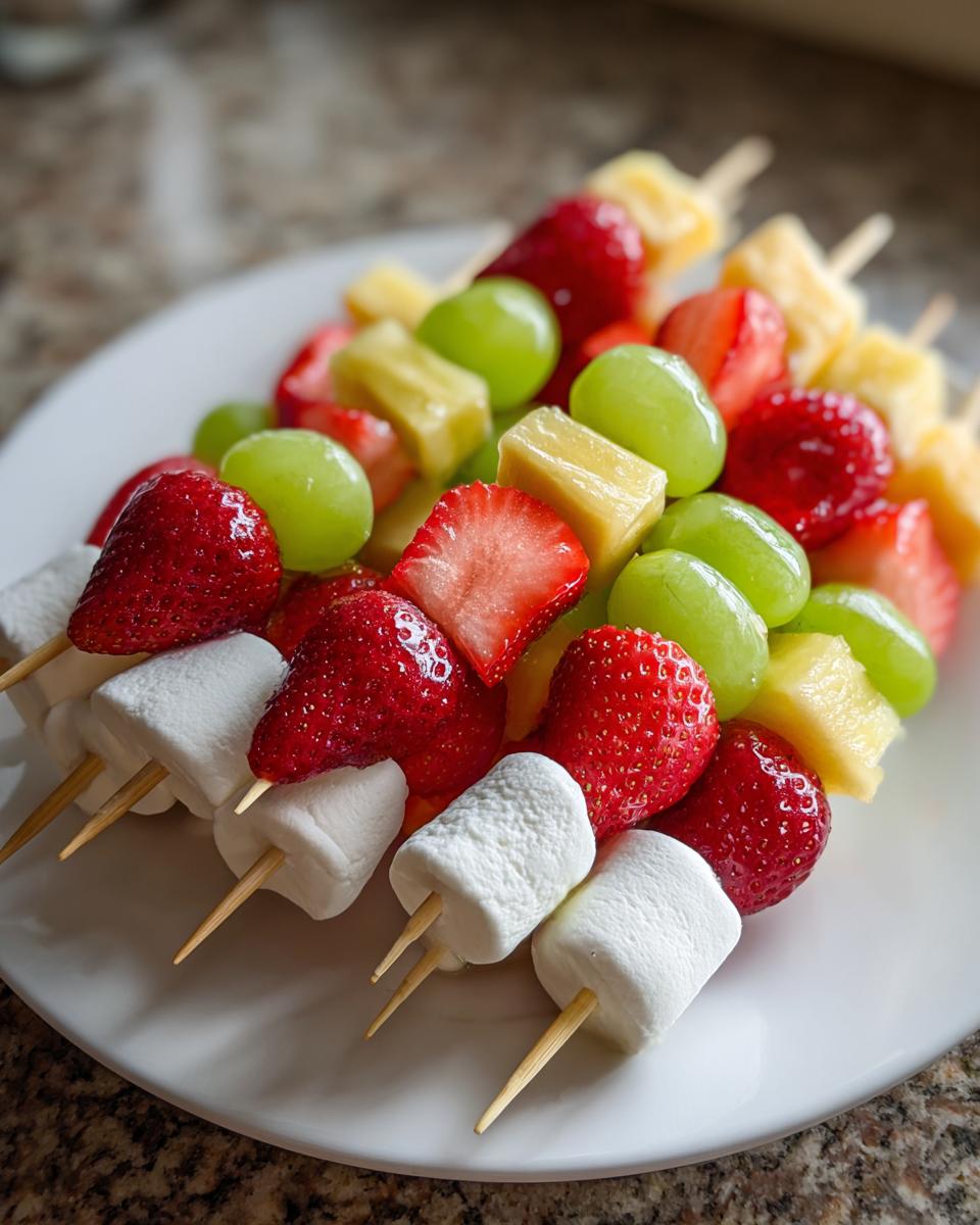 Close-up of fresh fruit and marshmallow Dessert Kabobs featuring strawberries, green grapes, pineapple chunks, and white marshmallows.