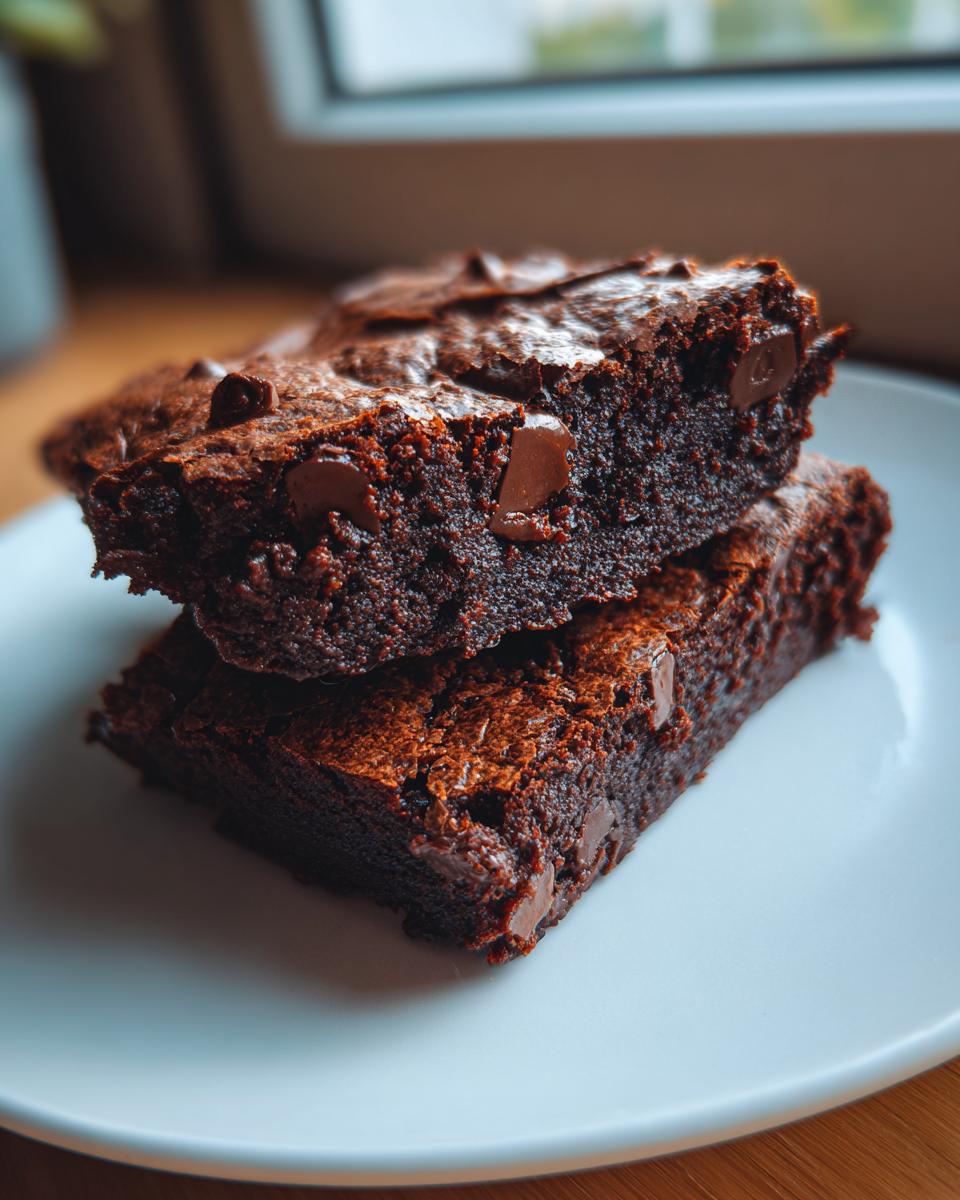 Two rich, fudgy One Bowl Brownies stacked on a white plate, studded with melted chocolate chips.