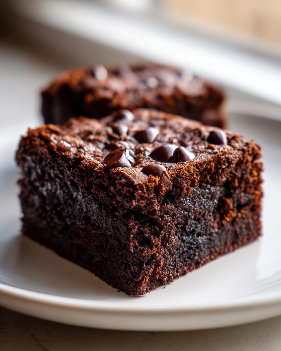 A close-up of a rich, dark square of Fudgy Sweet Potato Brownies topped with melted chocolate chips on a white plate.