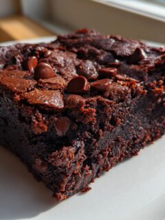 A close-up shot of a rich, dark square of Fudgy Sweet Potato Brownies topped with chocolate chips.