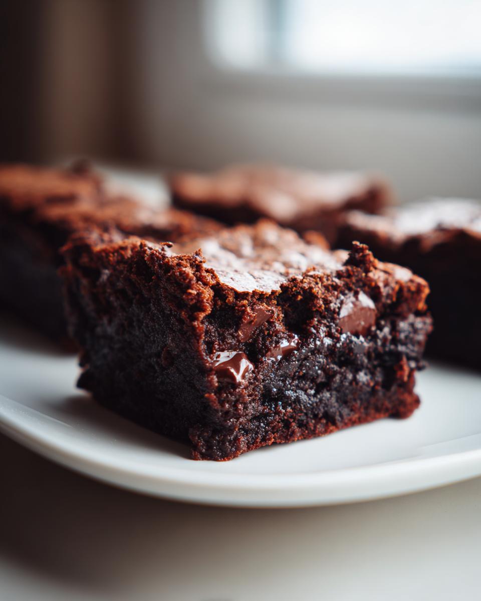 A close-up, macro shot of a rich, dark, fudgy sweet potato brownies slice showing melted chocolate chips.