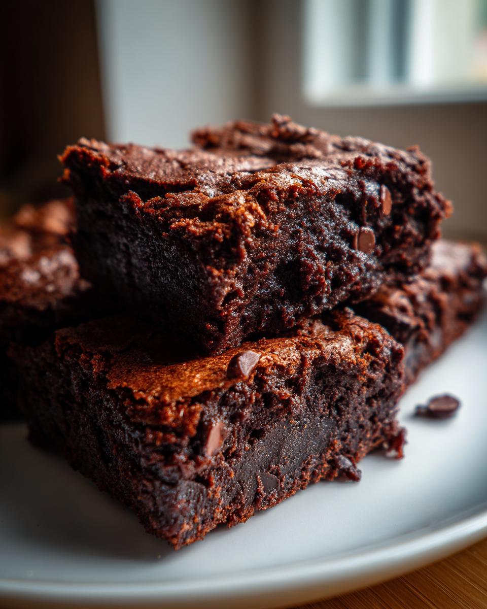 Close-up of stacked, rich, dark Fudgy Sweet Potato Brownies showing their dense, moist interior and chocolate chips.