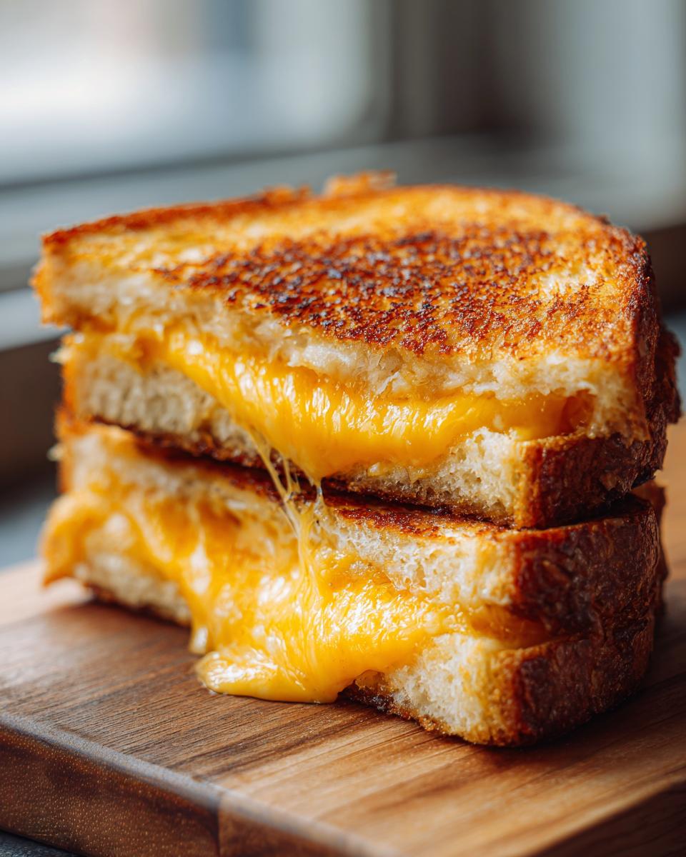 A perfectly toasted Garlic Bread Grilled Cheese sandwich cut in half, showing an extreme cheese pull.