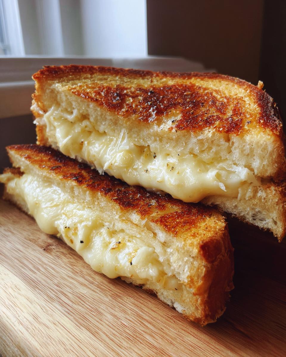 Close-up of a Garlic Bread Grilled Cheese sandwich cut in half, showing gooey melted cheese oozing out.