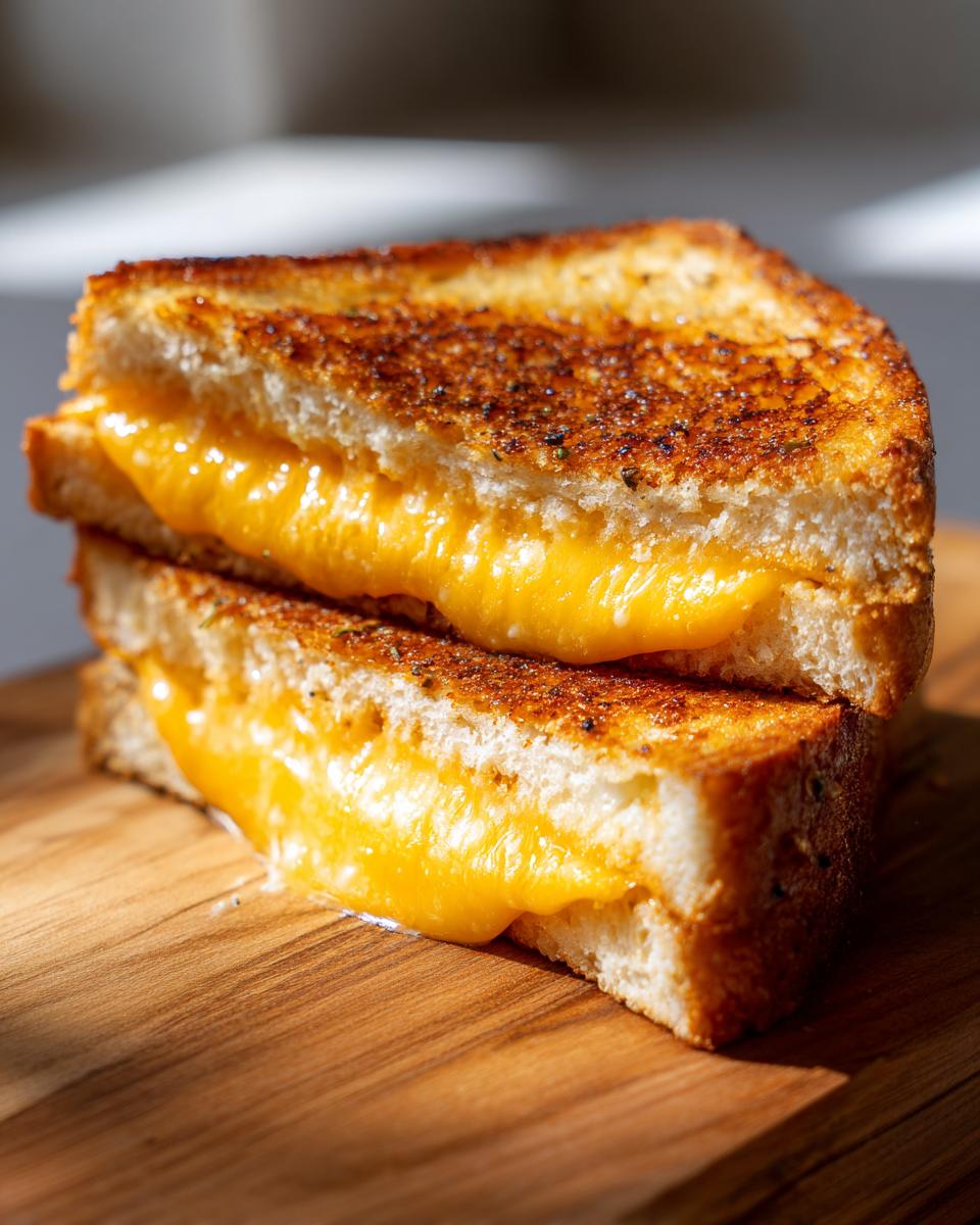 Close-up of a halved Garlic Bread Grilled Cheese sandwich showing gooey melted cheddar cheese between toasted, seasoned bread.
