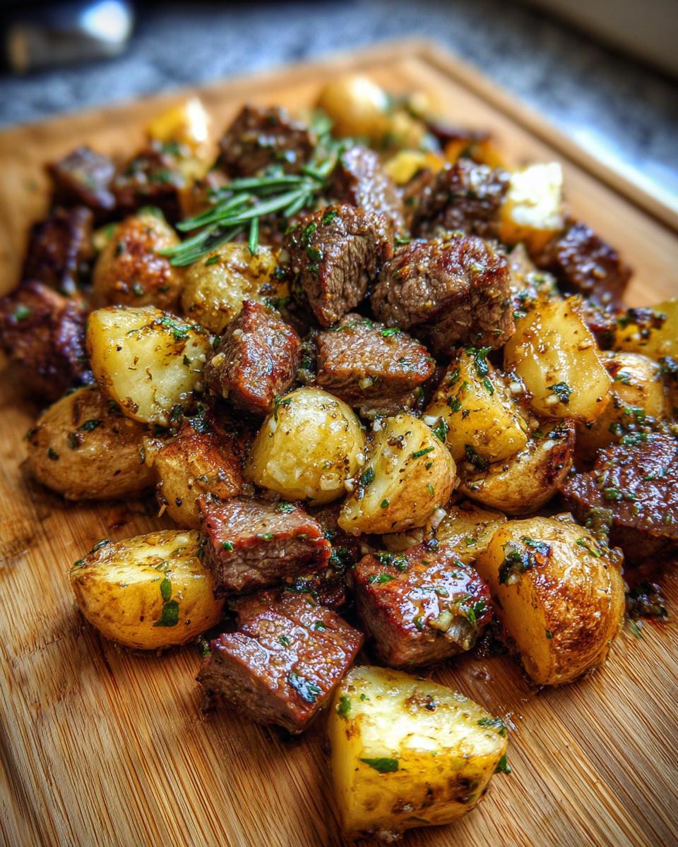 Close-up of Garlic Butter Steak Bites And Potatoes Whole30, glistening with sauce and garnished with rosemary.