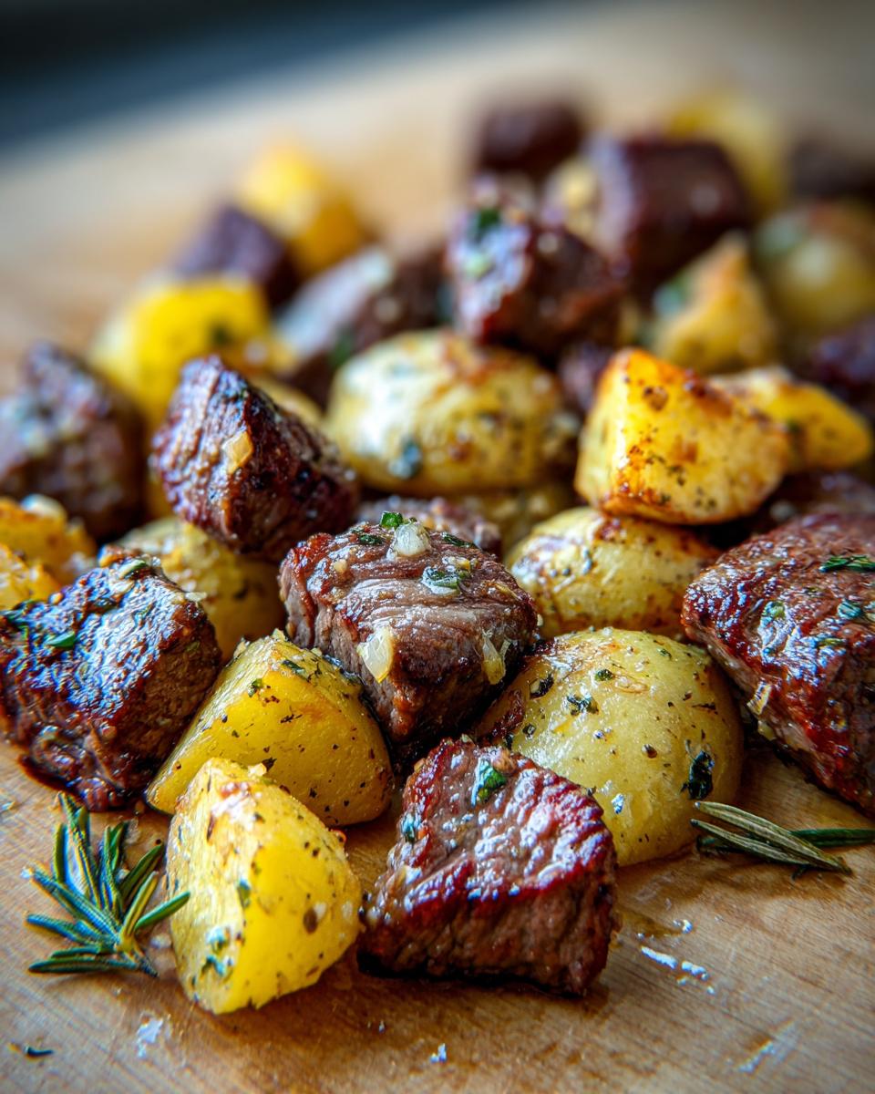 Close-up of juicy Garlic Butter Steak Bites And Potatoes Whole30 seasoned with herbs on a wooden board.