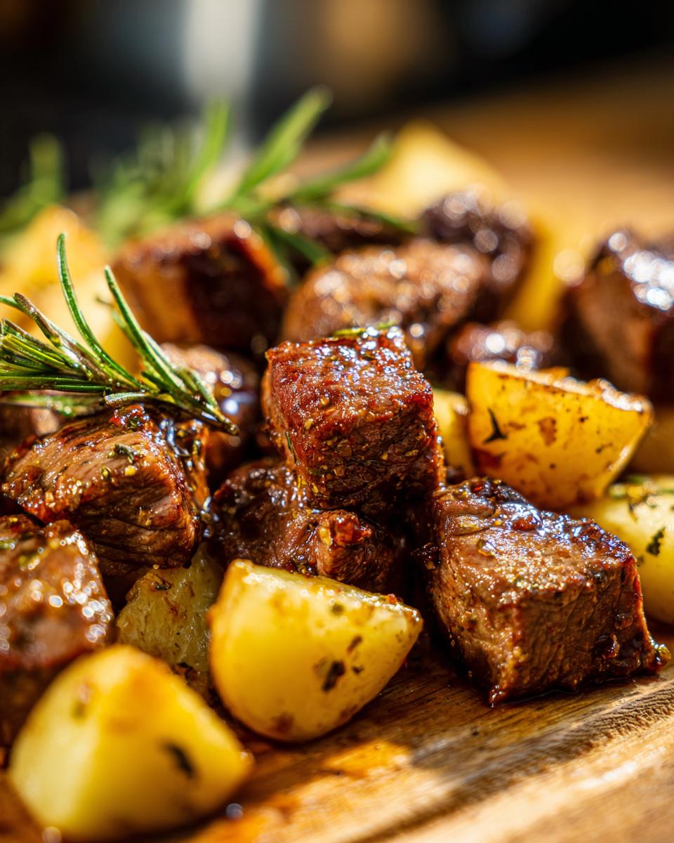 Close-up of juicy Garlic Butter Steak Bites And Potatoes Whole30 garnished with fresh rosemary sprigs.