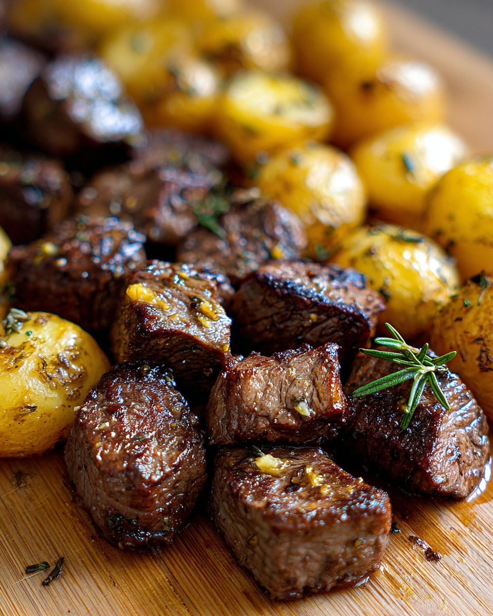 Close-up of juicy Garlic Butter Steak Bites And Potatoes Whole30 garnished with fresh rosemary on a wooden board.