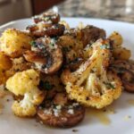 Close-up of roasted cauliflower florets and sliced mushrooms seasoned in a Garlic Cauliflower Mushroom Skillet.