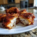 Close-up of Garlic Fried Chicken cut in half showing juicy white meat and crispy seasoned crust.