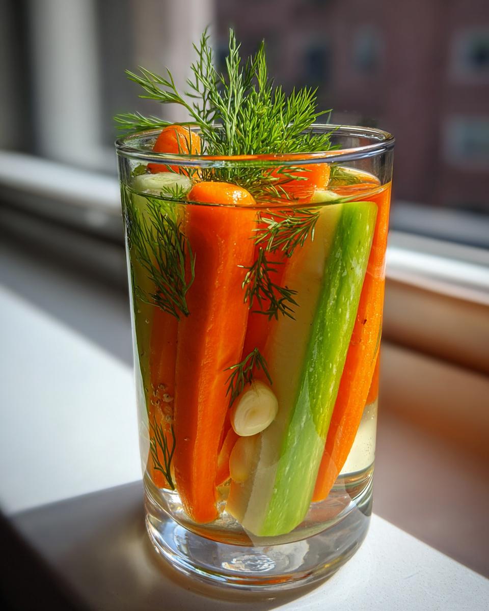 Brightly colored Garlic Herb Pickled Veggie Sticks, including carrots and zucchini, submerged with dill and garlic.