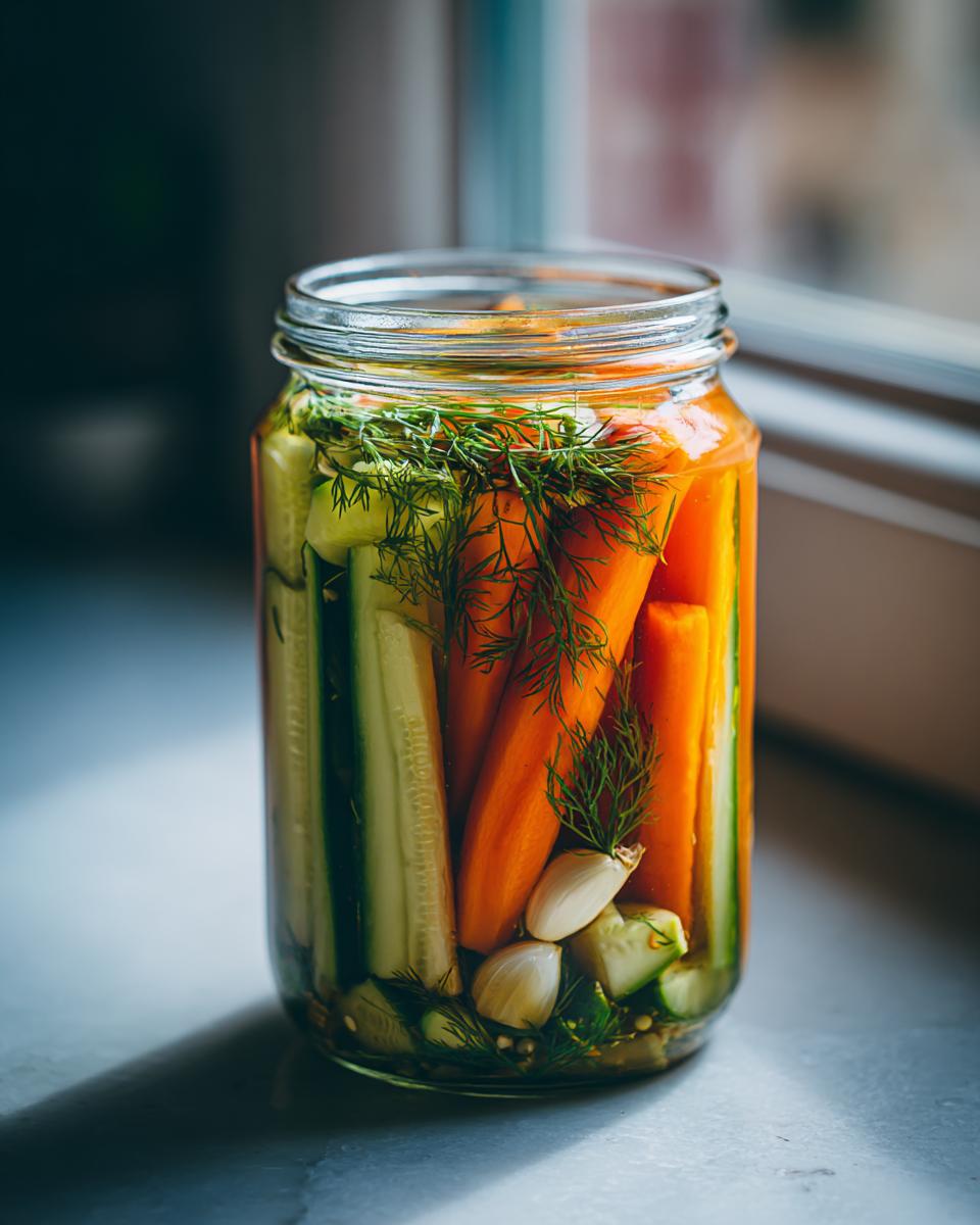 A glass jar filled with upright carrot and cucumber sticks, dill, and garlic cloves for Garlic Herb Pickled Veggie Sticks.