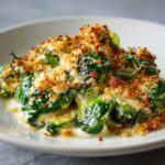 Close-up of Garlicky Creamy Brussels Sprouts Au Gratin topped with golden brown breadcrumbs.