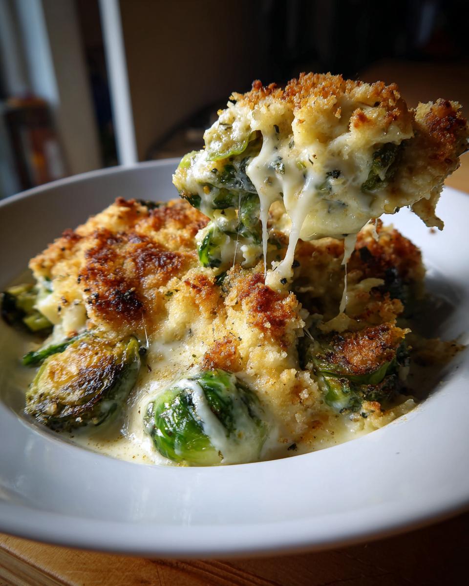 A spoonful of Garlicky Creamy Brussels Sprouts Au Gratin showing a delicious cheese pull over roasted sprouts.
