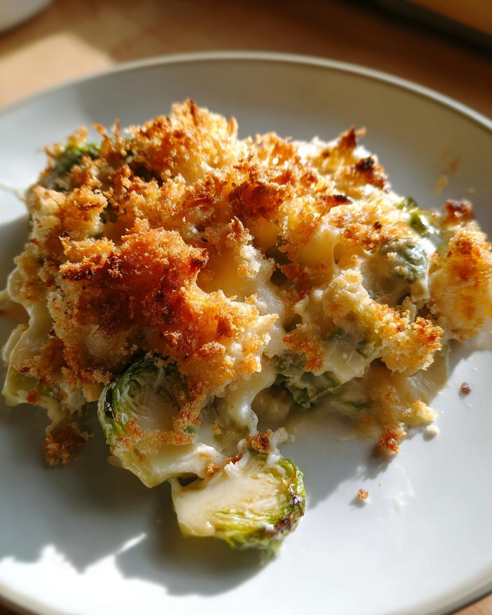 A close-up of Garlicky Creamy Brussels Sprouts Au Gratin with a golden, crispy breadcrumb topping on a white plate.