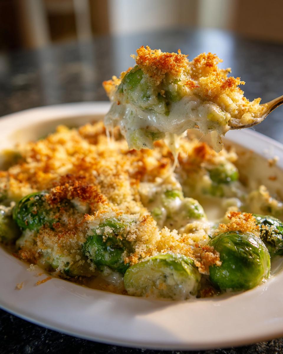 A spoonful of Garlicky Creamy Brussels Sprouts Au Gratin being lifted from a white dish, showing melted cheese and crispy topping.