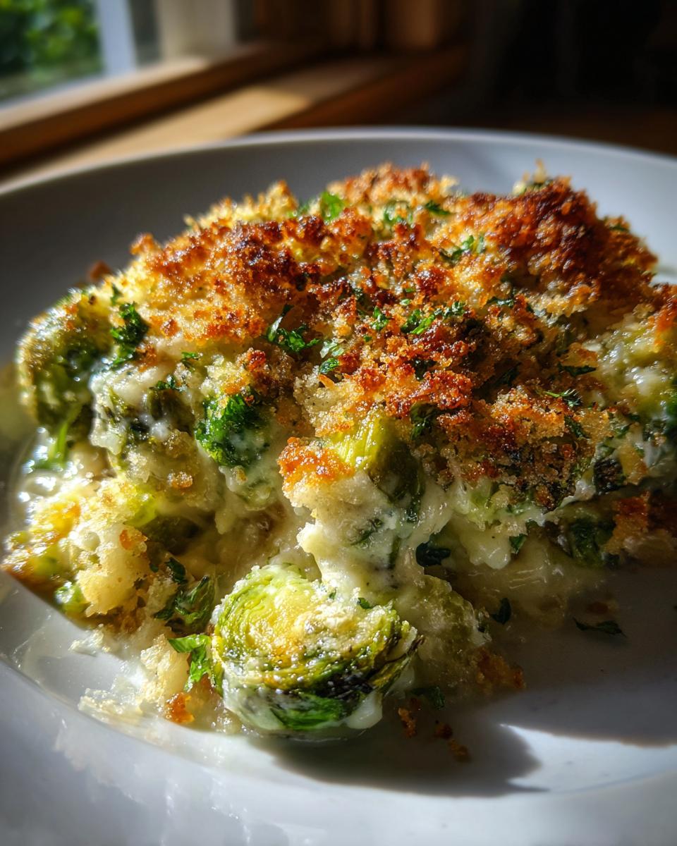 A close-up of Garlicky Creamy Brussels Sprouts Au Gratin with a golden, crispy topping.