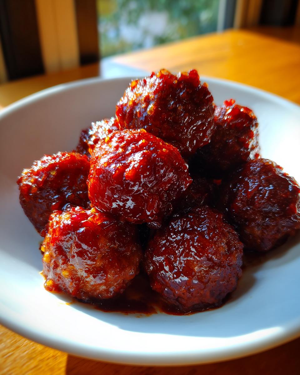 Close-up of several glistening, saucy Cranberry Meatballs piled in a white serving bowl.