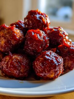 A mound of shiny, dark red Cranberry Meatballs piled high on a white plate, ready to serve.