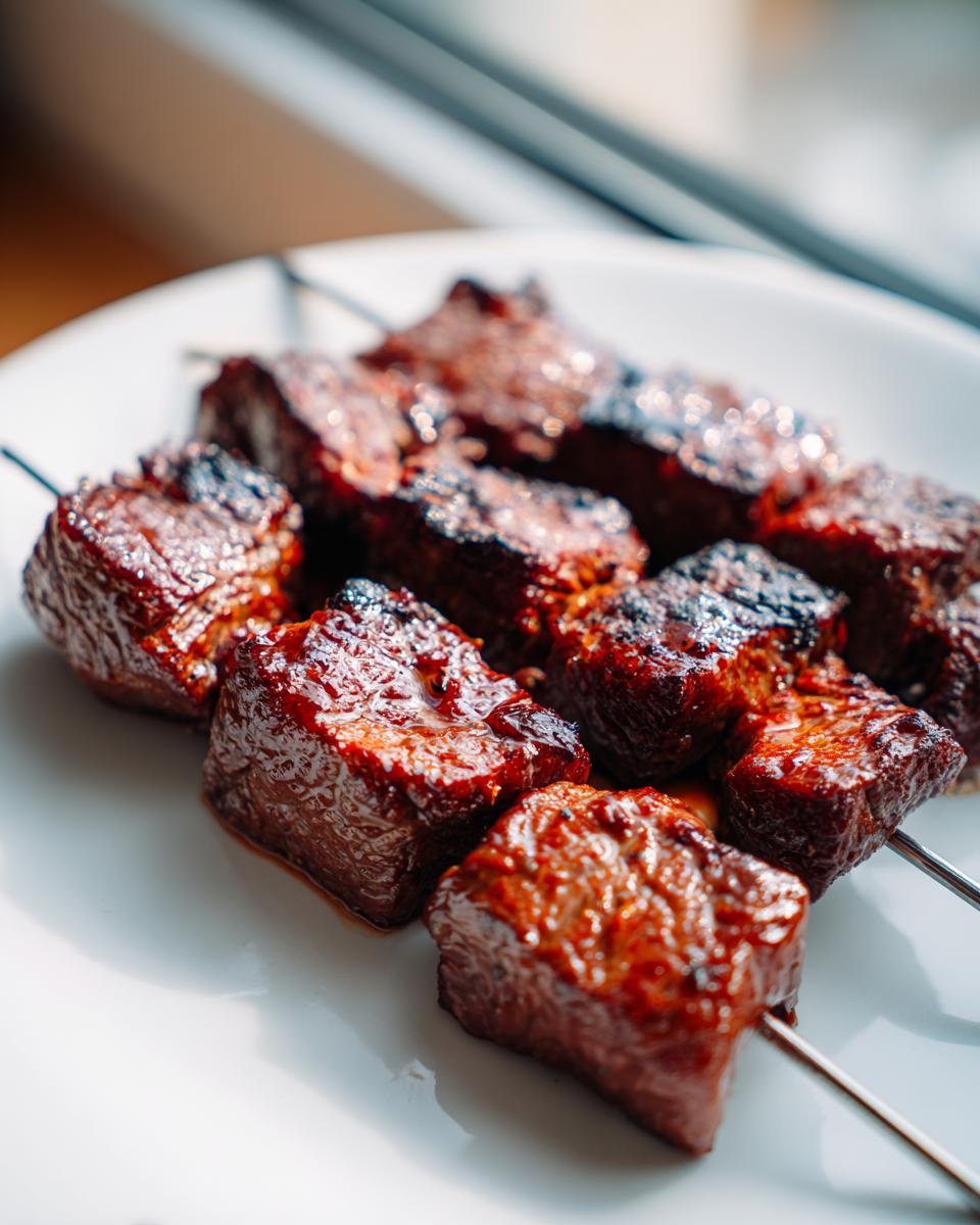 Close-up of perfectly grilled, glazed Korean Beef Skewers resting on a white plate.