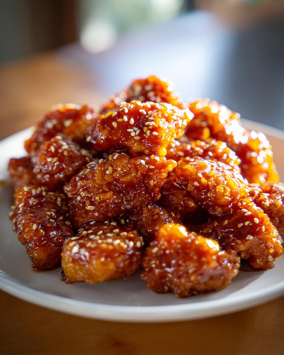 Close-up of crispy, glazed Sesame Chicken pieces piled on a white plate and sprinkled with sesame seeds.