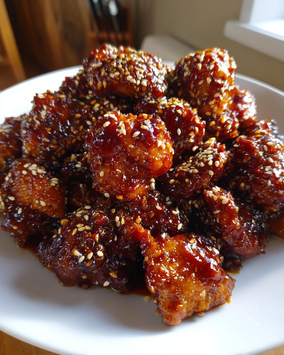 A close-up shot of crispy pieces of Sesame Chicken coated in a thick, glossy, dark brown sauce and sprinkled generously with white sesame seeds.