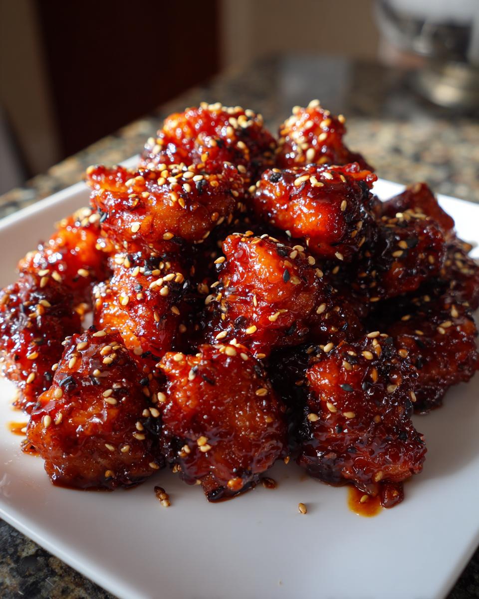 A close-up of crispy, glazed Sesame Chicken pieces piled high and sprinkled with white and black sesame seeds.