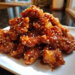 A pile of crispy, glazed Sesame Chicken pieces generously coated in a sticky sauce and sprinkled with white sesame seeds.